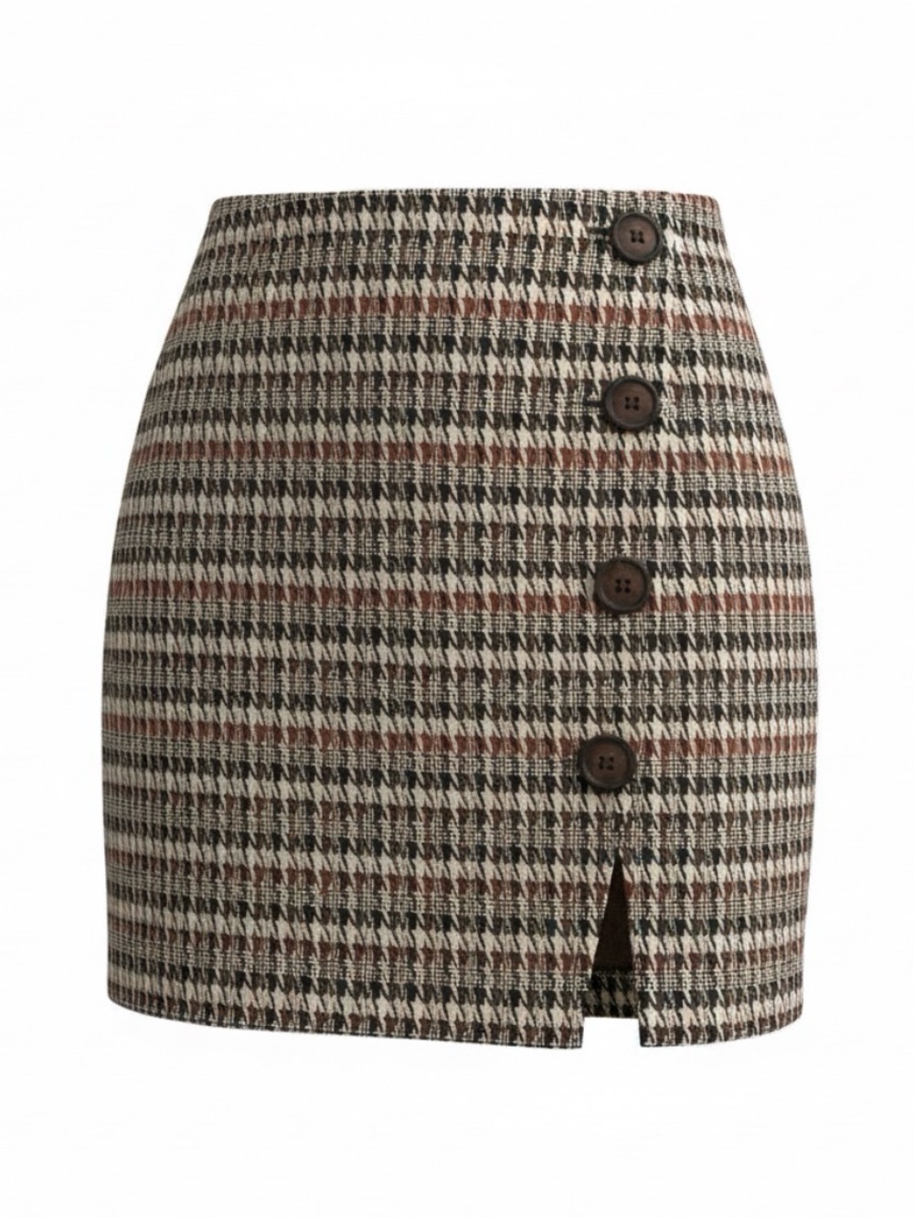 Soho Apparel Houndstooth Button-Front Mini Skirt in Brown and Cream